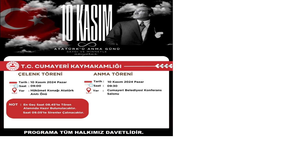 10 KASIM ATATÜRK'Ü ANMA PROGRAMINA DAVET